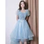 Lovely Sky Blue Star Sequins Evening Dresses 2023 A-Line / Princess Square Neckline Short Sleeve Backless Floor-Length / Long Evening Party Formal Dresses