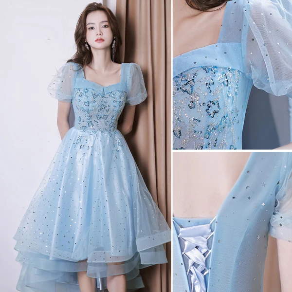 Lovely Sky Blue Star Sequins Evening Dresses 2023 A-Line / Princess Square Neckline Short Sleeve Backless Floor-Length / Long Evening Party Formal Dresses