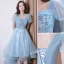 Lovely Sky Blue Star Sequins Evening Dresses 2023 A-Line / Princess Square Neckline Short Sleeve Backless Floor-Length / Long Evening Party Formal Dresses