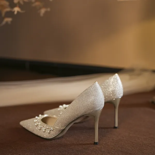 Bling Bling Champagne Leather Pearl Rhinestone Sequins Wedding Shoes 2026 8 cm Stiletto Heels Pointed Toe Wedding Pumps High Heels