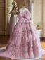 Charmant Rougissant Rose Volants en Cascade Robe De Bal 2024 Robe Boule Bretelles Spaghetti Sans Manches Dos Nu Noeud Ceinture Train De Balayage Promo Robe De Ceremonie
