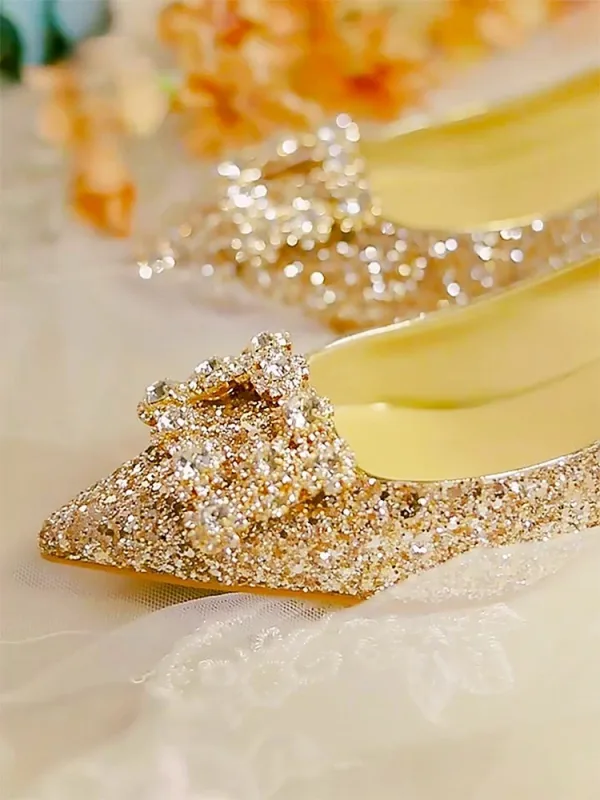 Sparkly Gold Rhinestone Sequins Wedding Shoes 2026 Leather 5 cm Stiletto Heels Pointed Toe Wedding Pumps High Heels