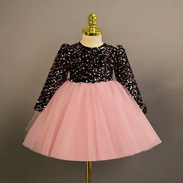 Chic / Beautiful Blushing Pink Bow Sequins Birthday Flower Girl Dresses 2024 Ball Gown Scoop Neck Short Long Sleeve