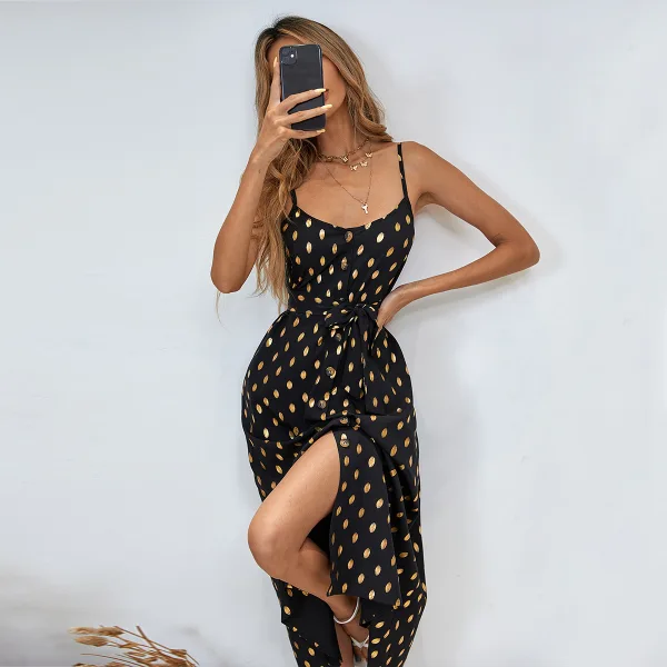 Betagende Damer Sorte Guld Kjoler 2021 Polka Prik Chiffon Prinsesse Split Foran Te-længde Spaghetti Straps Sommer Ærmeløs Streetwear