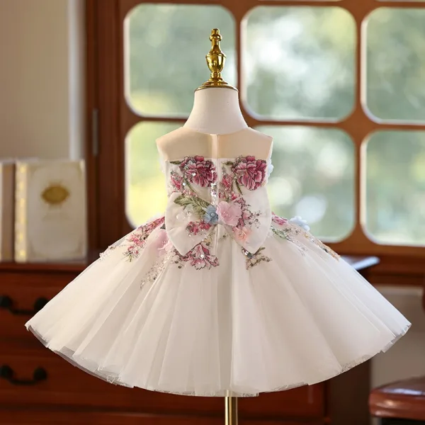 Flower Fairy White Pearl Appliques Sequins Short Birthday Flower Girl Dresses 2025 Ball Gown Scoop Neck Sleeveless Flower Girl Dresses