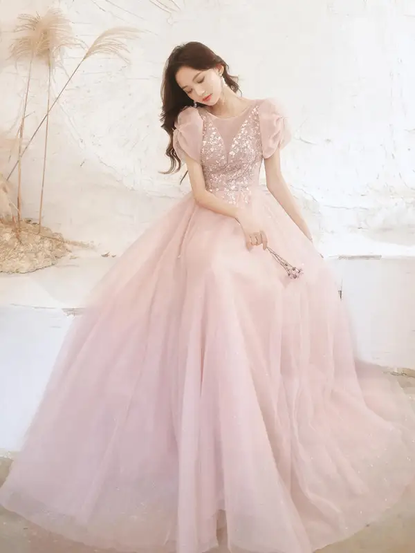 Chic / Beautiful Blushing Pink Beading Appliques Evening Dresses 2022 A-Line / Princess Scoop Neck Short Sleeve Backless Floor-Length / Long Prom Formal Dresses