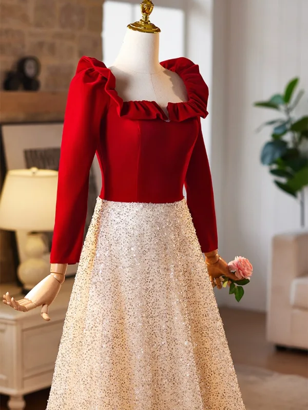 Chic / Belle Bordeaux Paillettes Robe De Bal 2024 Princesse Encolure Carrée Manches Longues Dos Nu Longue Promo Robe De Ceremonie