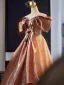 Chic / Beautiful Champagne Appliques Printing Prom Dresses 2025 A-Line / Princess Off-The-Shoulder Short Sleeve Backless Floor-Length / Long Prom Formal Dresses