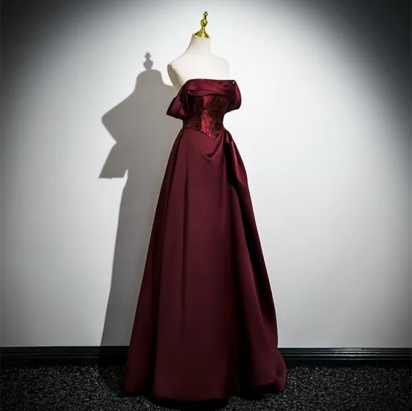 Vintage / Retro Burgundy Prom Dresses 2025 A-Line / Princess Strapless Sleeveless Backless Floor-Length / Long Prom Formal Dresses