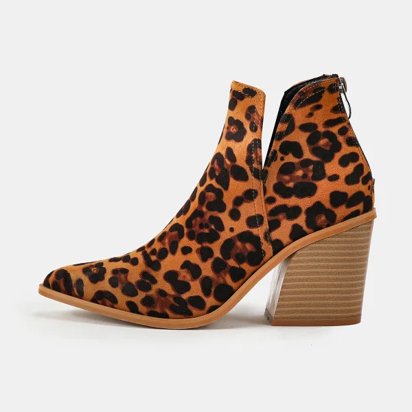 Mote Brun Høst Vinter Leopard Print Boots Dame 2023 Gateklær 8 cm Tykk Hæler Spisse Boots Høyhælte