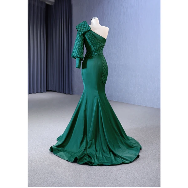 Vintage / Originale Haut de Gamme Vert Foncé Robe De Soirée 2023 Trompette / Sirène Une épaule Manches Longues Dos Nu Fermeture Éclair Sur Le Côté Train De Balayage Soirée Robe De Ceremonie