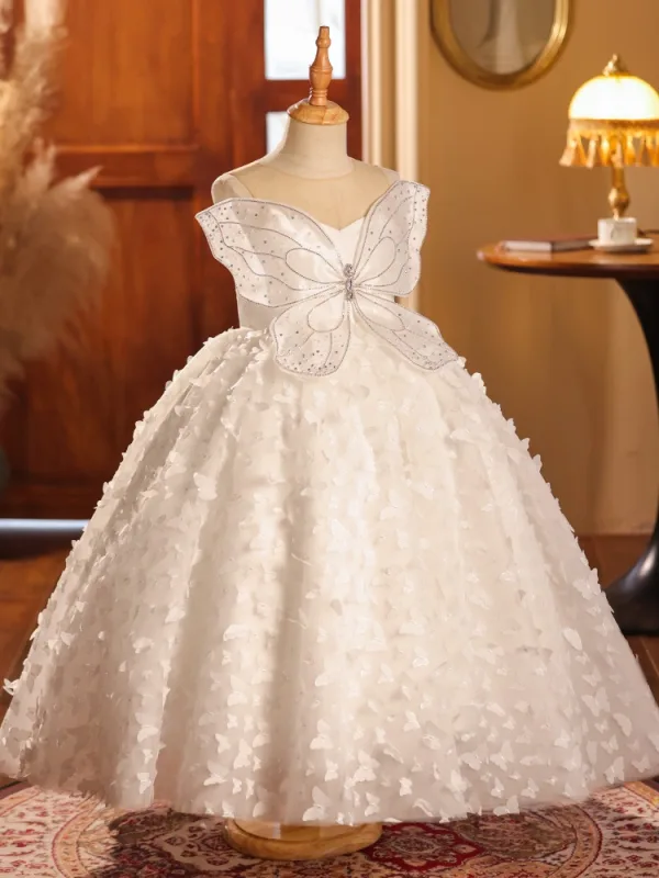 Lovely White Rhinestone Appliques Butterfly Birthday Flower Girl Dresses 2024 Ball Gown Scoop Neck Sleeveless Backless Floor-Length / Long