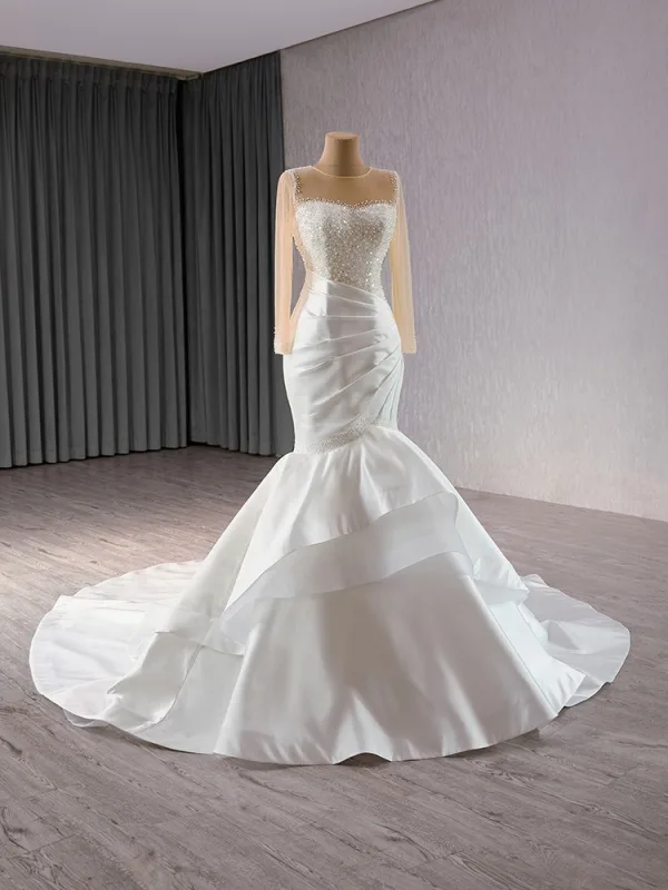 High-end Elegant White Pearl Sequins Satin Wedding Dresses 2024 Trumpet / Mermaid Scoop Neck Long Sleeve Floor-Length / Long Wedding