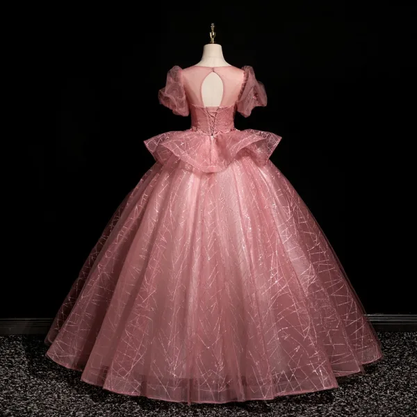 Elegant Blushing Pink Sequins Lace Flower Prom Dresses 2025 Ball Gown Scoop Neck Short Sleeve Backless Floor-Length / Long Prom Formal Dresses