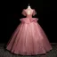 Elegant Blushing Pink Sequins Lace Flower Prom Dresses 2025 Ball Gown Scoop Neck Short Sleeve Backless Floor-Length / Long Prom Formal Dresses