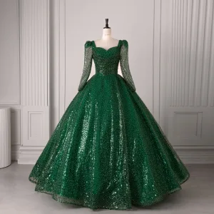 Vintage Retro Dark Green Beading Pearl Sequins Prom Dresses 2025 Ball Gown Square Neckline Long Sleeve Backless Floor Length Long Formal Dresses