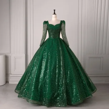 Vintage Retro Dark Green Beading Pearl Sequins Prom Dresses 2025 Ball Gown Square Neckline Long Sleeve Backless Floor Length Long Formal Dresses
