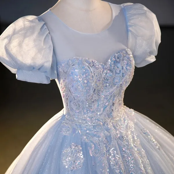 Chic / Beautiful Sky Blue Beading Sequins Prom Dresses 2023 Ball Gown Scoop Neck Puffy Short Sleeve Backless Floor-Length / Long Prom Formal Dresses