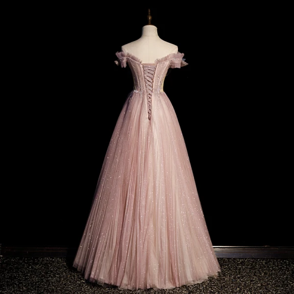 Charmant Dunkel Rosa Glanz Pailletten Ballkleider 2022 A Linie Off Shoulder Applikationen Kurze Ärmel Rückenfreies Lange Ball Festliche Kleider