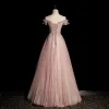 Charmant Rose Sombre Glitter Paillettes Robe De Bal 2022 Princesse De l'épaule Appliques Manches Courtes Dos Nu Longue Promo Robe De Ceremonie