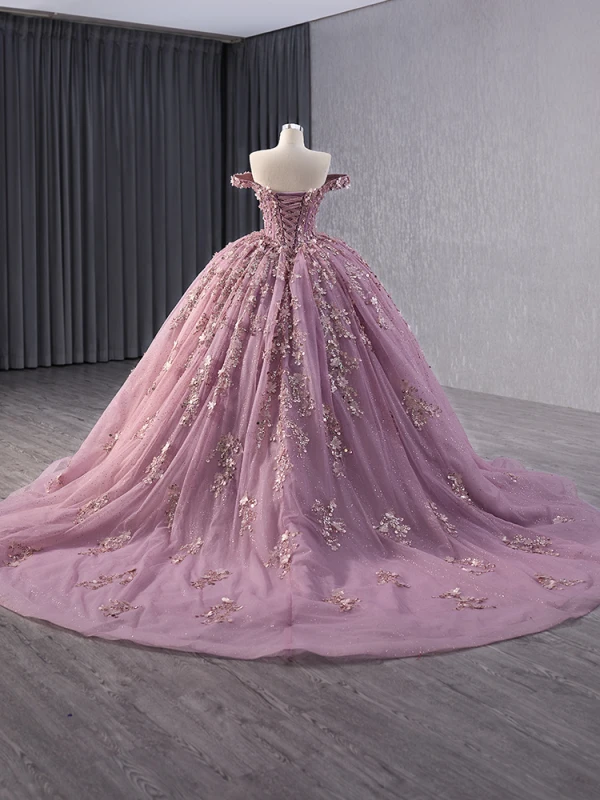 High-end Candy Pink Handmade  Beading Appliques Pearl Sequins Prom Dresses 2024 Ball Gown Off-The-Shoulder Sleeveless Backless Court Train Prom Formal Dresses
