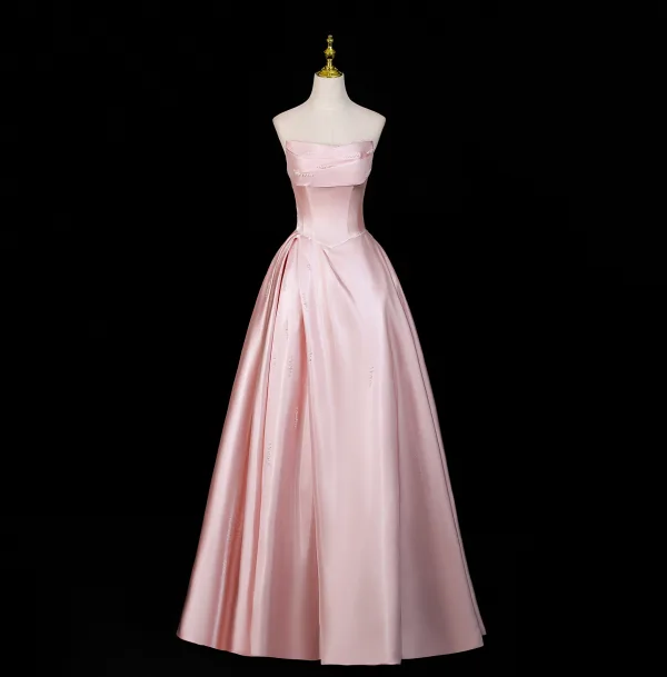 Chic / Beautiful Blushing Pink Pearl Satin Prom Dresses 2025 A-Line / Princess Off-The-Shoulder Short Sleeve Backless Floor-Length / Long Formal Dresses