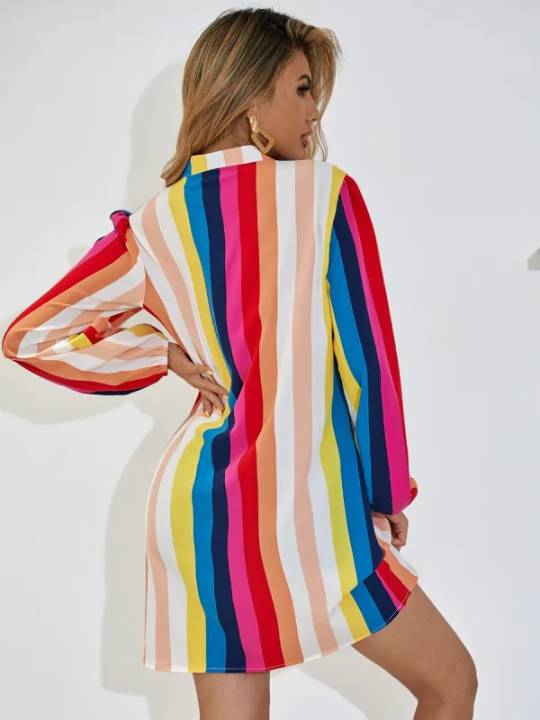 Loose Women Multi-Colors Rainbow Dresses 2021 Stripe V-Neck Smock Tops Long Sleeve Street Wear