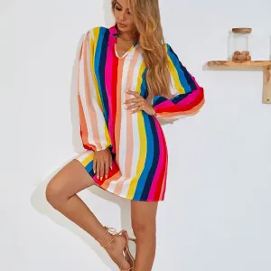 Ample Femme Multi Couleurs Arc En Ciel Robes 2021 Bande V Cou Blouse Hauts Manches Longues Vêtement De Rue
