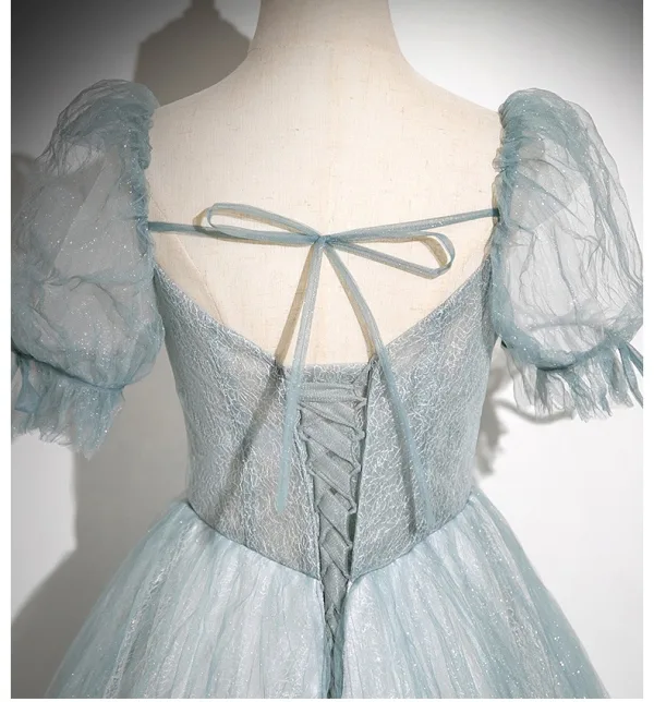 Chic / Beautiful Sky Blue Beading Appliques Prom Dresses 2025 Ball Gown Square Neckline Short Sleeve Backless Floor-Length / Long Formal Dresses