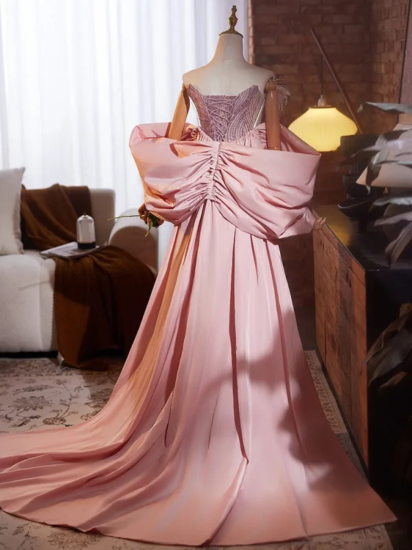 Lovely Blushing Pink Sequins Rhinestone Prom Dresses 2024 Trumpet / Mermaid Strapless Tassel Short Sleeve Backless Floor-Length / Long Prom Formal Dresses