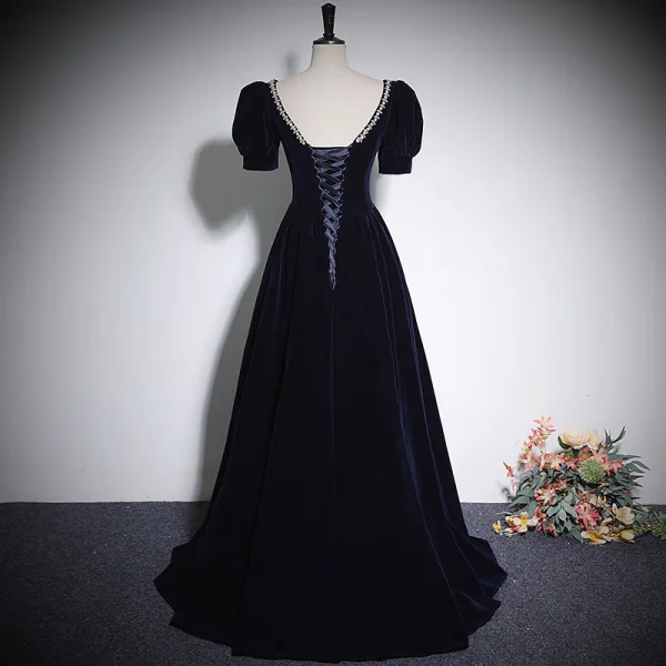 Vintage / Retro Navy Blue Rhinestone Velvet Prom Dresses 2023 A-Line / Princess Square Neckline Short Sleeve Backless Floor-Length / Long Prom Formal Dresses