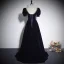 Vintage / Retro Navy Blue Rhinestone Velvet Prom Dresses 2023 A-Line / Princess Square Neckline Short Sleeve Backless Floor-Length / Long Prom Formal Dresses