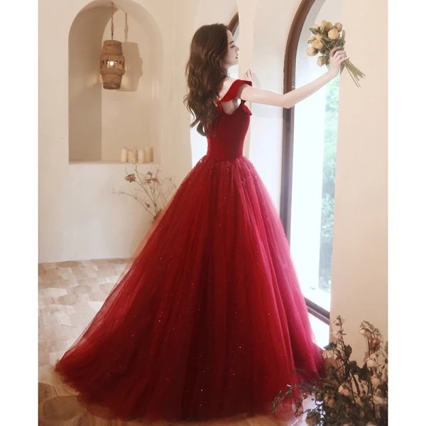 Chic / Belle Bordeaux Paillettes Robe De Bal 2023 Princesse Encolure Dégagée Sans Manches Dos Nu Longue Promo Robe De Ceremonie