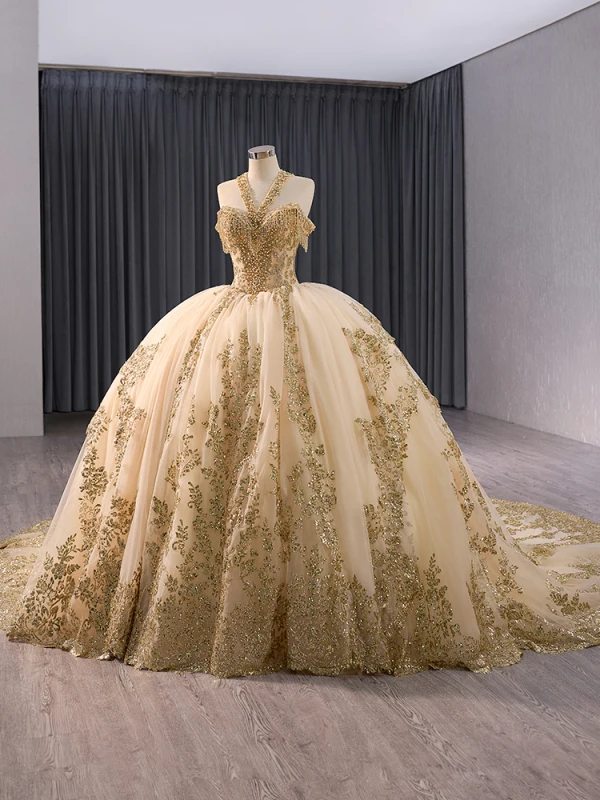 Luxury / Gorgeous Gold Handmade  Beading Sequins Pearl Tassel Prom Dresses 2024 Ball Gown High Neck Sleeveless Chapel Train Prom Formal Dresses