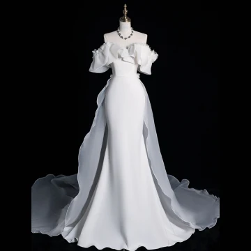 Vintage Retro White Ruffle Satin Wedding Dresses 2024 Trumpet Mermaid Off The Shoulder Short Sleeve Backless Court Train Wedding