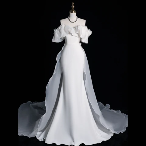 Vintage Blanco Ruffle Satén Vestidos De Novia 2024 Trumpet / Mermaid Fuera Del Hombro Manga Corta Sin Espalda Colas De La Corte Boda