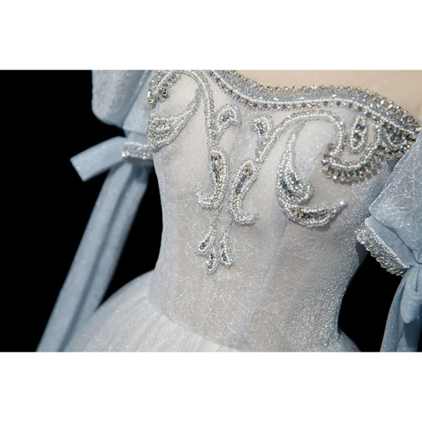 Chic / Belle Bleu Ciel Perlage Faux Diamant Paillettes Robe De Bal 2023 Princesse Encolure Carrée Manches Courtes Dos Nu Longue Robe De Ceremonie