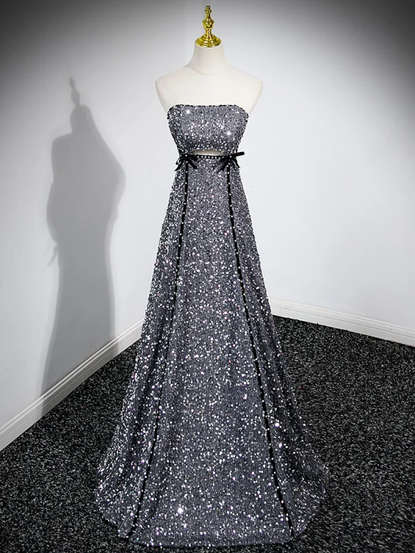 Glitzernden Schwarz Pailletten Ballkleider 2024 A Linie Bandeau Kurze Ärmel Rückenfreies Lange Ball Festliche Kleider