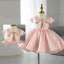 Lovely Blushing Pink Pearl Birthday Short Flower Girl Dresses 2022 Ball Gown Scoop Neck Bow Short Sleeve Flower Girl Dresses