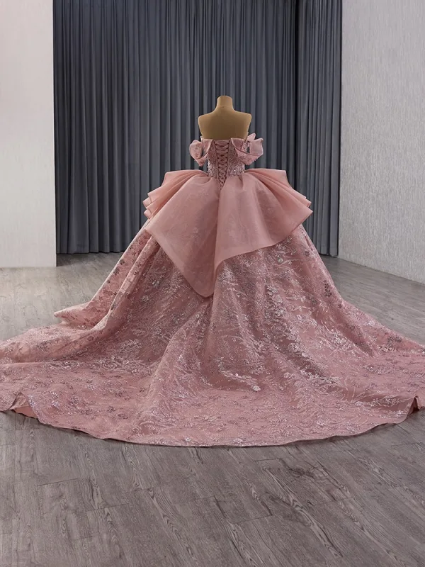 Luxus / Herrlich Rosa Handgefertigt Perlenstickerei Pailletten Perle Ballkleider 2025 Ballkleid Bandeau Ärmellos Rückenfreies Königliche Schleppe Festliche Kleider