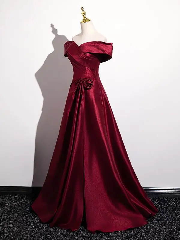 Minimalist Burgundy Satin Prom Dresses 2025 A-Line / Princess Off-The-Shoulder Short Sleeve Backless Floor-Length / Long Prom Formal Dresses