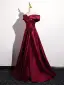 Minimalist Burgundy Satin Prom Dresses 2025 A-Line / Princess Off-The-Shoulder Short Sleeve Backless Floor-Length / Long Prom Formal Dresses