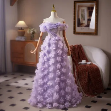 Blomma Fe Lavendel Beading Appliqués Paljetter Balklänningar 2025 Prinsessa Av Axeln Korta Ärm Halterneck Långa Formella Klänningar