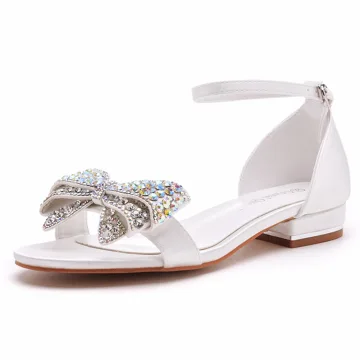 Uroczy Białe Rhinestone Kokarda Płaskie Bal Sandały Damskie 2023 Z Paskiem Peep Toe Sandały