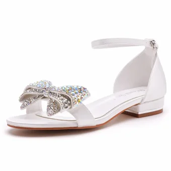 Sjarmerende Hvit Rhinestone Sløyfe Flate Ball Sandaler Dame 2023 Ankelstropp Peep Toe Sandaler