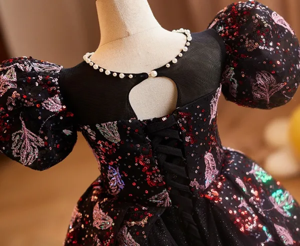 Vintage / Retro Black Pearl Sequins Birthday Flower Girl Dresses 2025 Ball Gown Scoop Neck Puffy Short Sleeve Backless Floor-Length / Long Tulle