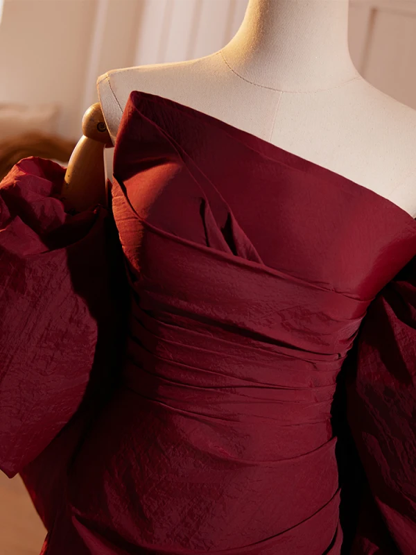 Elegant Burgundy Split Front Prom Dresses 2024 A-Line / Princess Off-The-Shoulder Short Sleeve Backless Floor-Length / Long Prom Formal Dresses