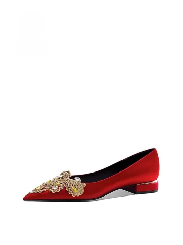 Chiński Styl Czerwone Rhinestone Satyna Buty Ślubne 2026 6 Cm Szpilki Szpiczaste Ślub Czółenka