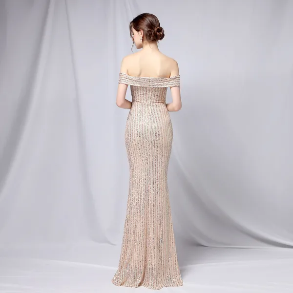 Charming Black Gold Sequins Evening Dresses 2022 Trumpet / Mermaid Off-The-Shoulder Short Sleeve Backless Floor-Length / Long Evening Party Formal Dresses
