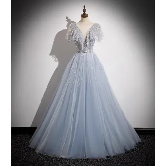 Charmant Bleu Ciel Perlage Paillettes Robe De Bal 2023 Princesse Encolure Dégagée Manches Courtes Dos Nu Longue Promo Robe De Ceremonie